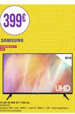 SAMSUNG 4K UHD Smart TV LED 108 cm UE43MU7025 à 399€ : HDMI x3, USB, Classe énergétique G + Eco-participation incluse