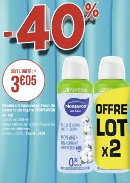 Deodorant Compresse Fleur de Coton toute légère MONSAVON au Lait: 2x100 compresse à 3€05 - D'autres variétés disponibles!