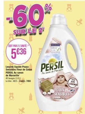 Offre Spéciale : 60% de Réduction sur Lessive Liquide Peaux Sensibles Fleur de Coton PERSIL au Savon de Marseille - 40 Lavages (1.8L).