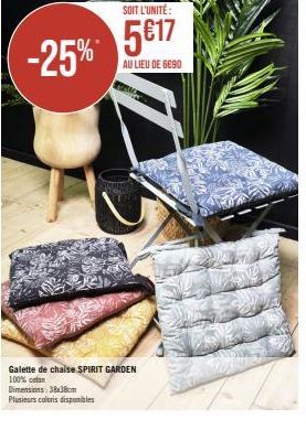 Profitez de -25% sur la Galette de Chaise Spirit Garden 100% Coton 38x38cm - 5€17 au lieu de 669€03!