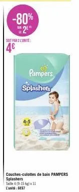 promo de 80% sur les couches-culottes de bain pampers splashers taille 4 (9-15 kg) - 4€ l'unité.