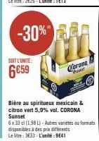 Profitez de -30% avec la Bière au spiritueux mexicain & citron vert CORONA Marat 5,9% vol. - 6 x 33cl (1,98L) - D'autres variétés au format  6€59!