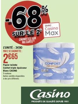 Économisez avec le Casino : Papier Toilette Comfort Triple Épaisseur Blanc 9 Rouleaux, Seulement 2,65€!