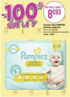 promo pampers: achetez 3 unités de couches bébé pampers premium protection taille 2 (4-8 kg) et économisez ! | derma comfort | 100 893 nº1.