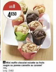 mini-muffins chocolat noisette/fruits rouges/pomme cannelle/caramel - 8 pour 4.50€ - 208g - lekg: 21663