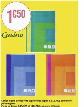 Casino 30 880 - Cahier Piquré à Prix Réduit: 210x297 96p PEFC 90g. Formats 240x320 et 170x220 Disponibles!