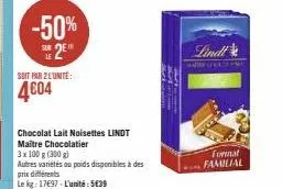 promo -50% : lindt maitre chocolatier 3 x 100g (300g), pour 5€39 l'unité!