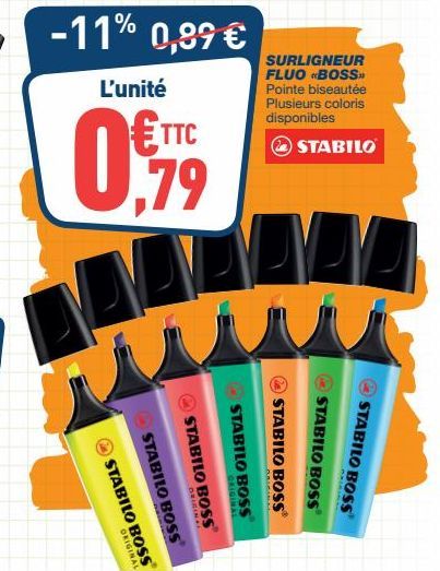 Bénéficiez de -11% sur le Surligneur Fluorescent STABILO BOSS Original à 0,99€ TTC : Pointe biseautée et plusieurs coloris disponibles !