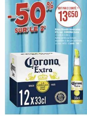 50% de Réduction sur Corona Extra - Bière Blonde Mexicaine 6% Vol., 12x33cl, POUR 2 L'UNITÉ.
