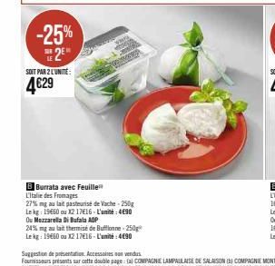 Burrata avec Feuille de L'Italie des Fromages -25% à 4€29, Mozzarella Di Bufala AOP 24% à 4€90!
