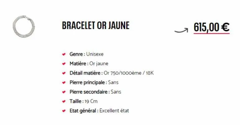 bracelet or jaune unisexe - excellent éta. - or 750/1000ème/18k - sans pierres - 19 cm