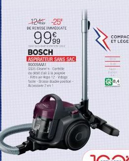 Bosch Aspirateur Sans Sac -124° Remise Immediate -BGCOSAMA G506 Clean'tn Controle -Hepa12, Vidigo Facile, Brosse Double, Accessoires 2en1.