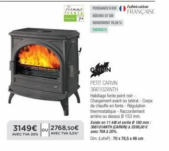 godin petit carvin 366102anth: flamme verte, 9 kw, 57 cm - fabrication française - 3149€ ou 2768,50€ (avec tva 20%/5,5%).