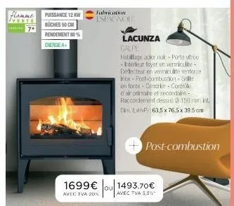 flamme puissante: nouveau poêle à bûches lacunza calpe - 50 cm, 12 kw, rendement 80% - habillage acier & porte vitrée - 1699€ (1493.70€ avec iva & tva 5.5%).