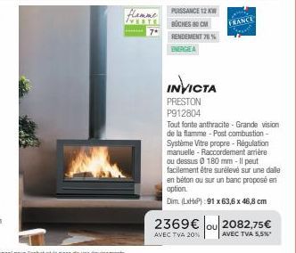 Flamme Puissante: Invicta Preston P912804 anthracite, 76% Rendement, Vitre Propre et Regulatio