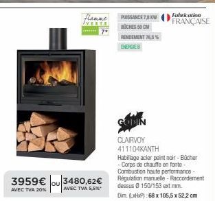 Godin Clairvoy 411104KANTH - Chaudière Bois 7,8 kW - Lamme Verte avec Habillage Acier Peint Noir - 3480,62€ avec TVA 5,5%!