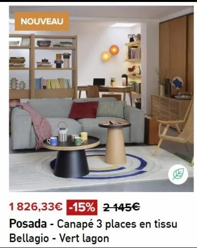 promo -15%: canapé 3 places bellagio en tissu vert lagon | posada | ed 1826,33€ | nouveau 1024-145€