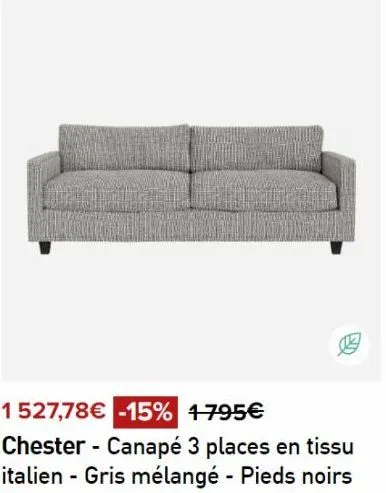 chester canapé 3 places: gris mélangé & pieds noirs, à 1-795€ (-15%)!