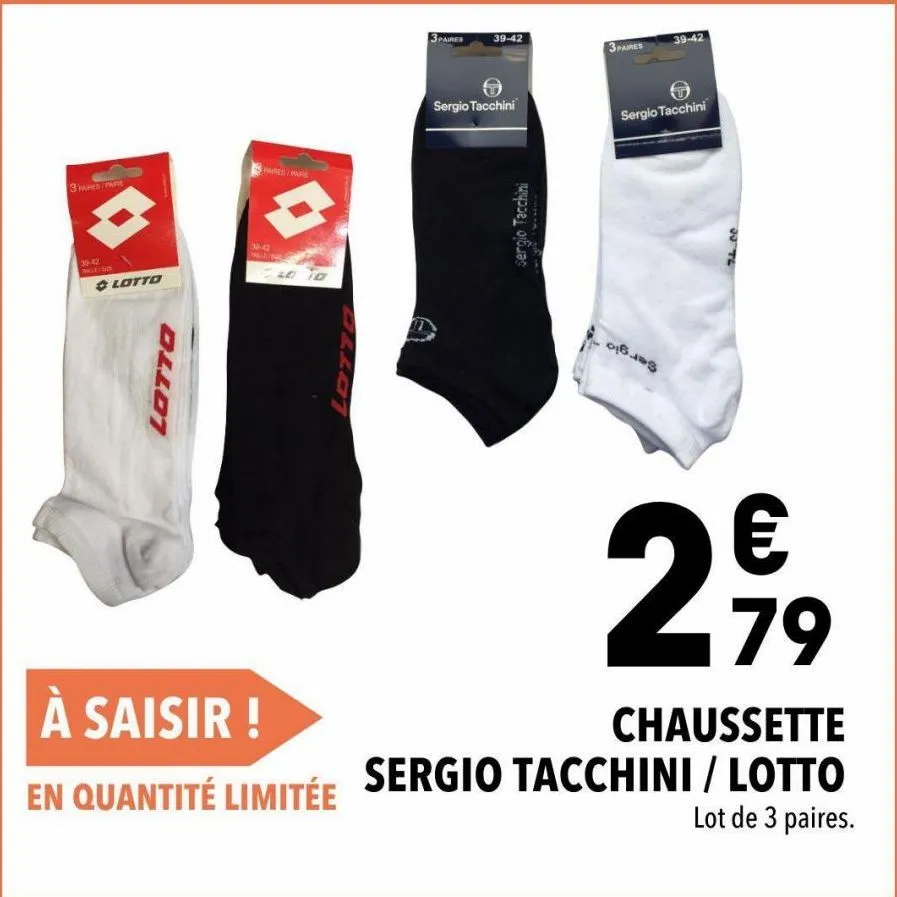 super promo: lot de 3 paires de chaussettes sergio tacchini, 39-42, à 2,99€ seulement! 79 paires disponibles!
