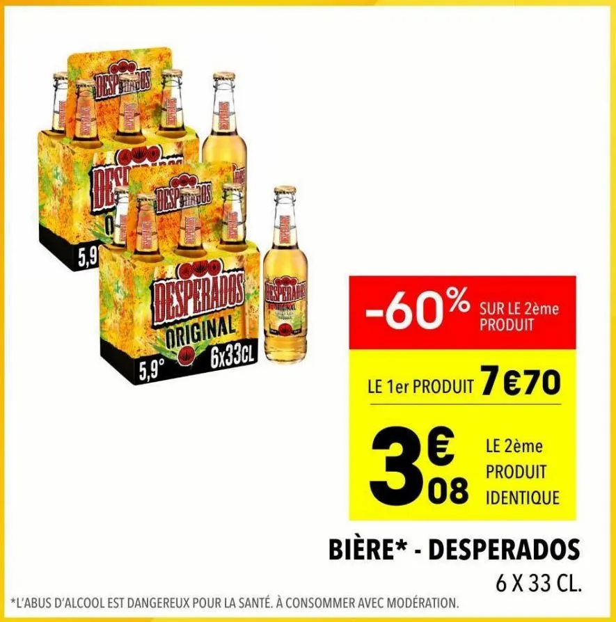 baissez le prix avec 60% sur la bierre desperados 6x33cl - 5,9° original à seulement 7€70 pour le 1er produit et 08€ pour le 2ème !