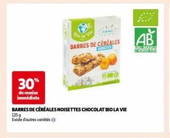 barres de céréales noisettes chocolat bio - 30% de remise! 125g la vie - d'autres variétés disponibles.