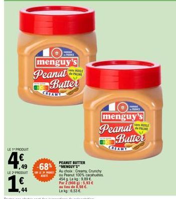 Promo: -68% Chez Menguys - Croustillante Peanut Butter Sans Huile de Palme 454g à 5,93€/kg!