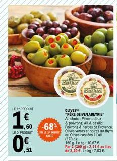 Promo -60% : Dégustez Père Olive/Labeyrie : Olives vertes et noires au thym ou Olives cassées à l'ail (170g) + Piment doux & poiv.