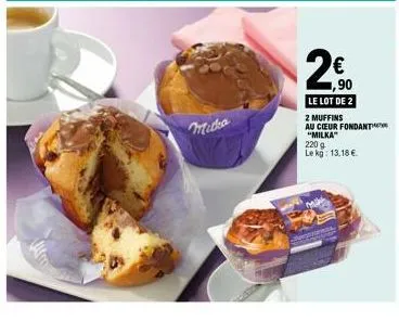 promo exceptionnelle : le lot de 2 muffins au coeur fondant milka, 220g à seulement 2€ (1,90€ le kg).