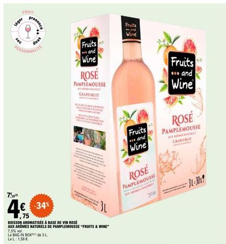 FRUITS & WINE: Boisson Aromatisée au Vin Rosé aux Aromes Naturels de Pamplemousse - 3 L BagInBox - 7,5% vol. - € -34% - 1,5 L Léger.