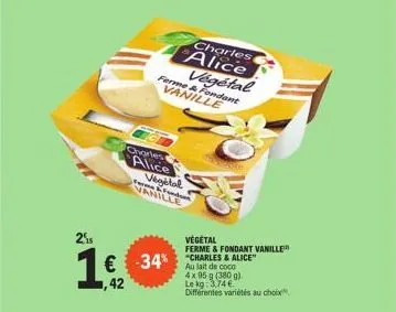 charles & alice - lait de végétal ferme et fondant vanille - 4x95g - -34% promo - 380g