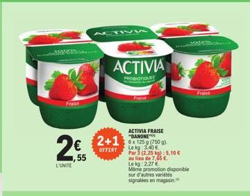 ACTIVIA FRAISE Danone: Promo 2+1 Gratuit, 6x 125g (750g) Le kg seulement 2.27€!