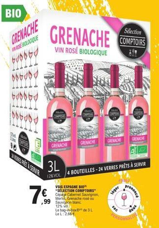 Vin Rosé Biologique Grenache: 16 Verres Prêt à Servir 7€, 12% VOL, 3L, COMPTOIRS VSIG Espagne BIO.