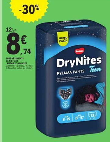 Promo : 12m -30% DryNites Pyjama Pants Teen (8-15 ans, 27-57kg) - Jumbo Pack Mudo