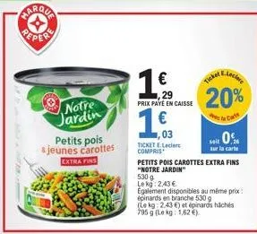 1€ de marqua petits pois & carottes extra fins à 1,63€ chez e.leclerc : 20% de remise!