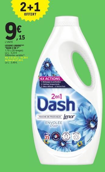Dash 2 en 1 - Lessive Liquide 1,75 L à 3 pour 18.30 € - 35 Lavages - 4x Actions de Nettoyage incluses!