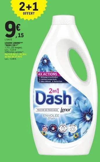 Promo Dash lessive liquide 2 en 1 touche de fraîcheur lenor envolée d'air  35 lavages (b) chez Intermarché