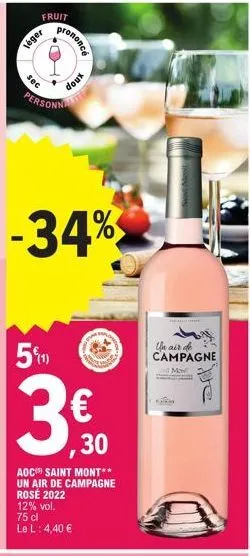 deal: 75cl aoc saint mont rosé '22 -34% à 4,40€, légère et douce, 12% vol.