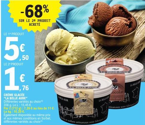 Promo: -68% sur la Crème Glacée La Belle Aude - 712 g pour 7,26€ au lieu de 11€