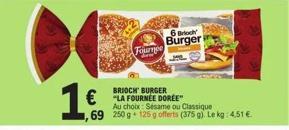 le burger fournée dorée : 6 briochs + 125 g offerts + 4,51 €/kg!