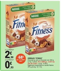 Offre Spéciale ! 2 Céréales Fitness Nestlé au chocolat au lait ou chocolat noir à -68%, 450g, à 6,44€/kg !