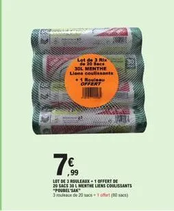 lot de 3 rouleaux +1 offert poubelsak - sacs 30l menthe, liens coulissants - 7€99!