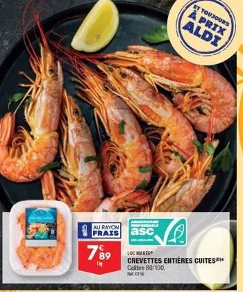 crevettes entières cuites : aquaculture porable - calibre 80/100 - à prix aldi.