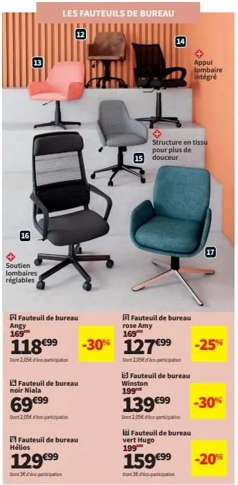 fauteuils de bureau réglables et confortables: angy 169⁰, niala noir, jusqu'à 118€99 incluant l'éco-participation!