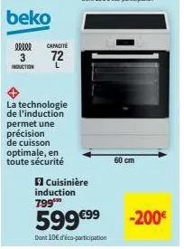 cuisinière induction beko à 799€ - réduction de 599€ + 10€ d'éco-participation et 72l de capacité !