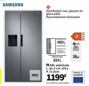 « froid total: réfrigérateur samsung inox 409l + congélateur 225l | 634l | l91.2xh178xp71.6cm | 1199€ »