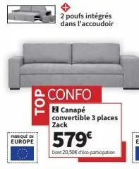 promo: canapé convertible 3 places zack à 579€, 2 poufs intégrés! fabriqué en europe - éco-participation inc.