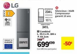 Combiné Réfrigérateur-Congélateur LG Graphite 341L: Performance et Silence garantis 10 ans!