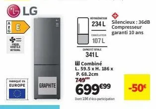 combiné réfrigérateur-congélateur lg graphite 341l: performance et silence garantis 10 ans!