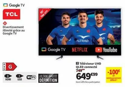 le téléviseur uhd qled connecté altrad de 65 à 649€99 avec le wifi ultra haute définition et google tv pour un divertissement illimité!