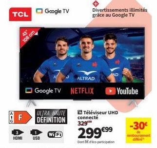 TCL AIG 108 cm UHD Google TV: 14 TV Connecté Wi Fi, Divertissement Illimité à 329€99 - 299€99 en Promo!